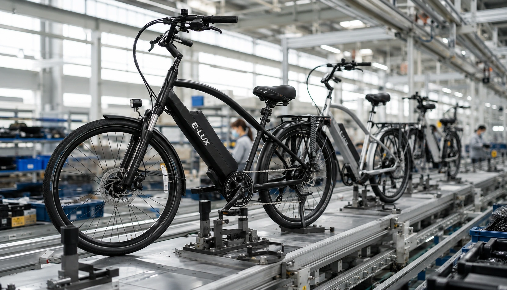 E-Lux ebike frames moving down an assembly line at an Asian manufacturing facility — stage one of the journey BlakeIQ tracks, where each container starts its 19-risk timeline.