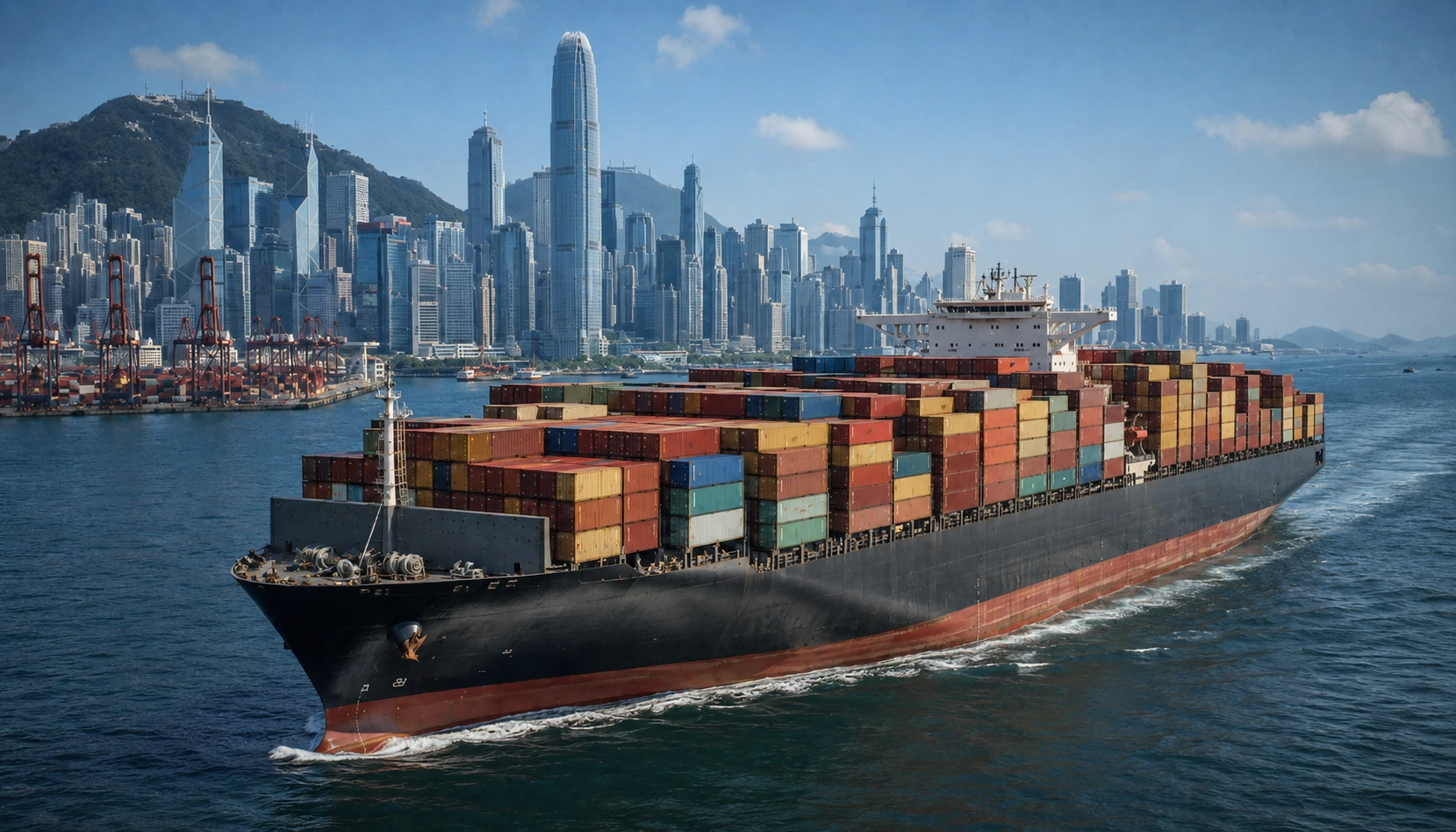 Fully loaded container ship departing Hong Kong harbor past the city skyline — stage two of the journey, where ocean transit risks like port congestion and customs delays surface weeks in advance.
