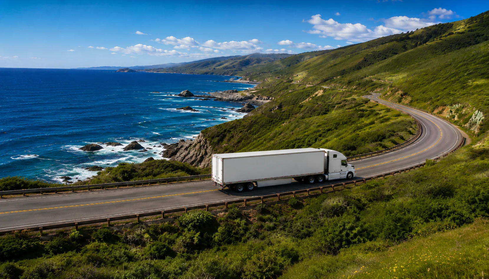 White semi-truck carrying a container down a California coastal highway above the Pacific — stage three of the journey, where last-mile risks like driver availability and delivery windows are tracked live.