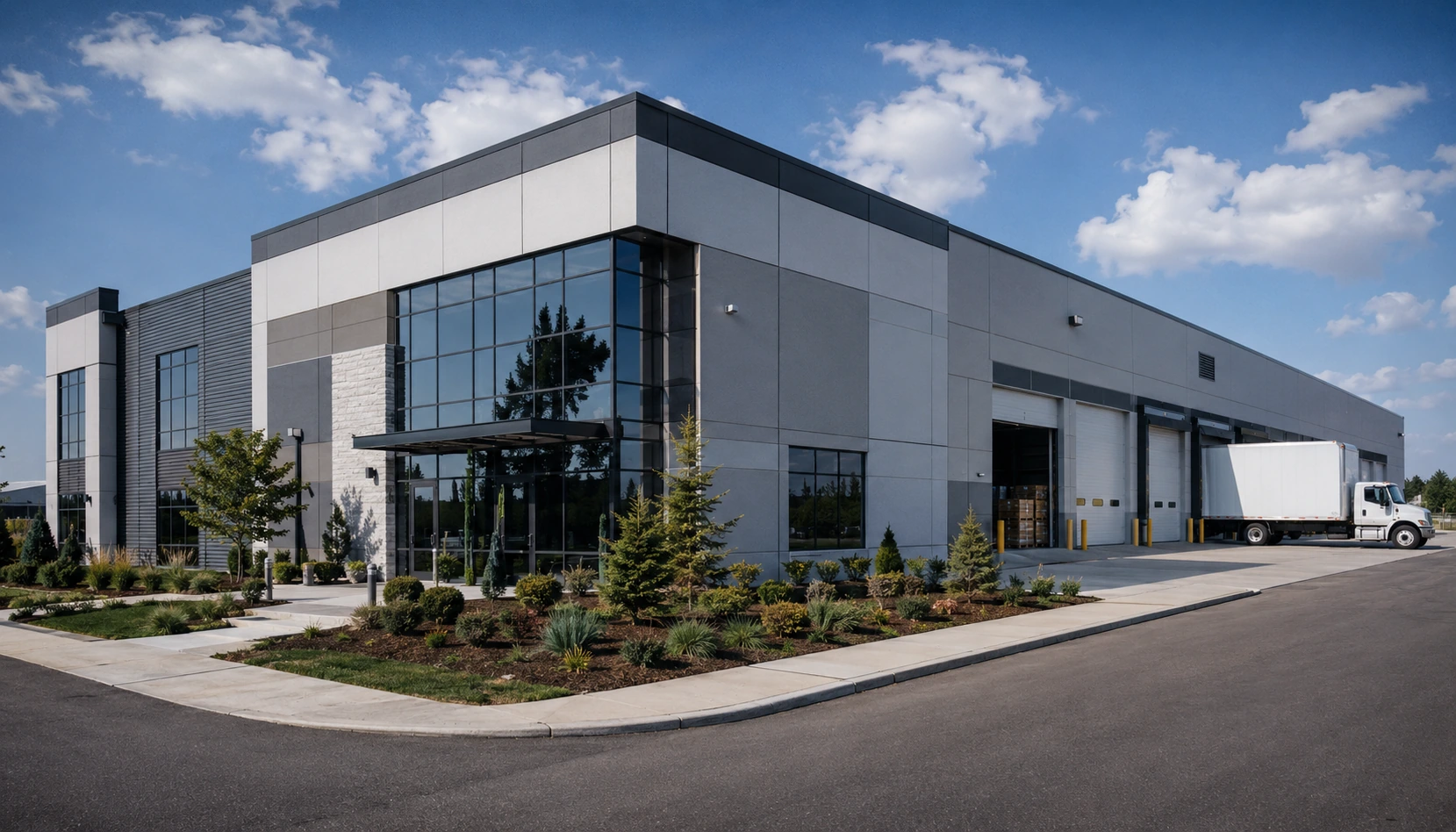 Modern distribution facility with loading docks and a delivery truck pulled up to the bay — stage four of the journey, the customer arrival BlakeIQ alerts you to before it slips.